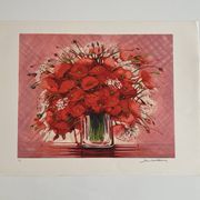 Lithographie originale signée Michel Henry - Bouquet de Coquelicots