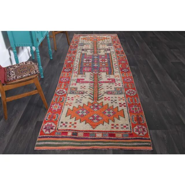 Vintage Turkish hand-knotted wool cotton beige runner rug  114x362