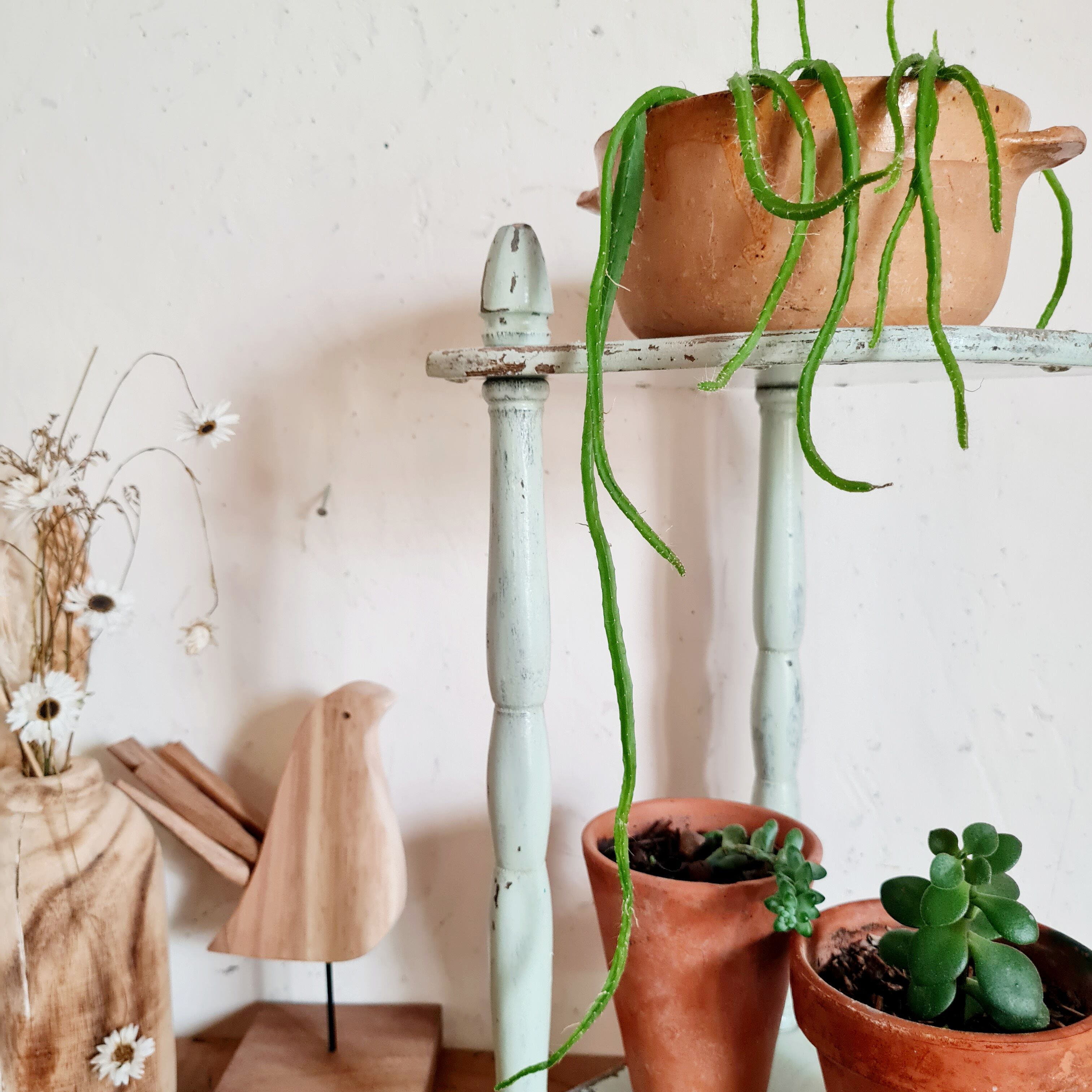 Old green patinated wooden shelf