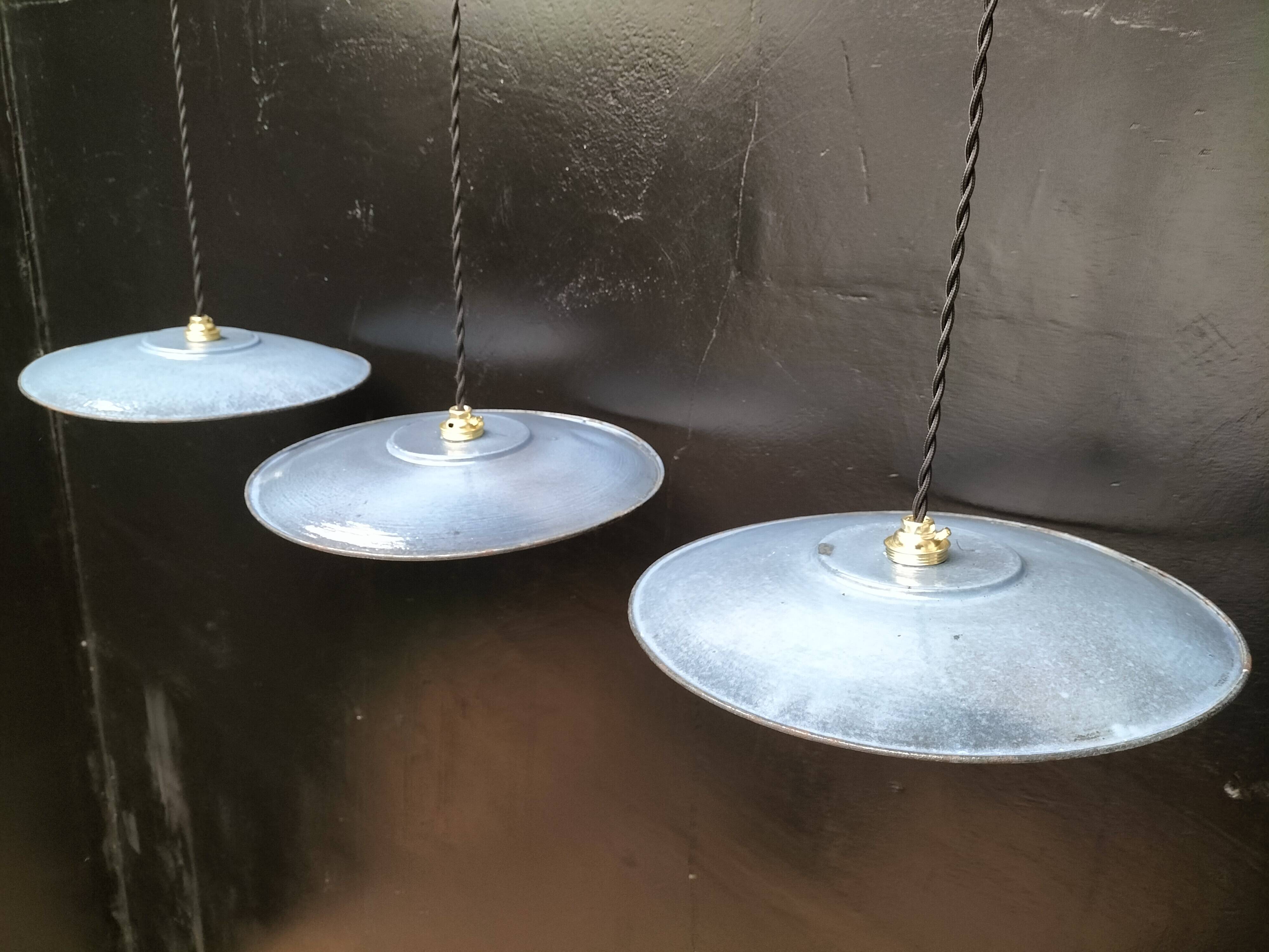 3 blue enameled sheet metal pendant lights