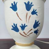 D'Albret lamp in beige terracotta with blue flowers - Hand painted - 80s