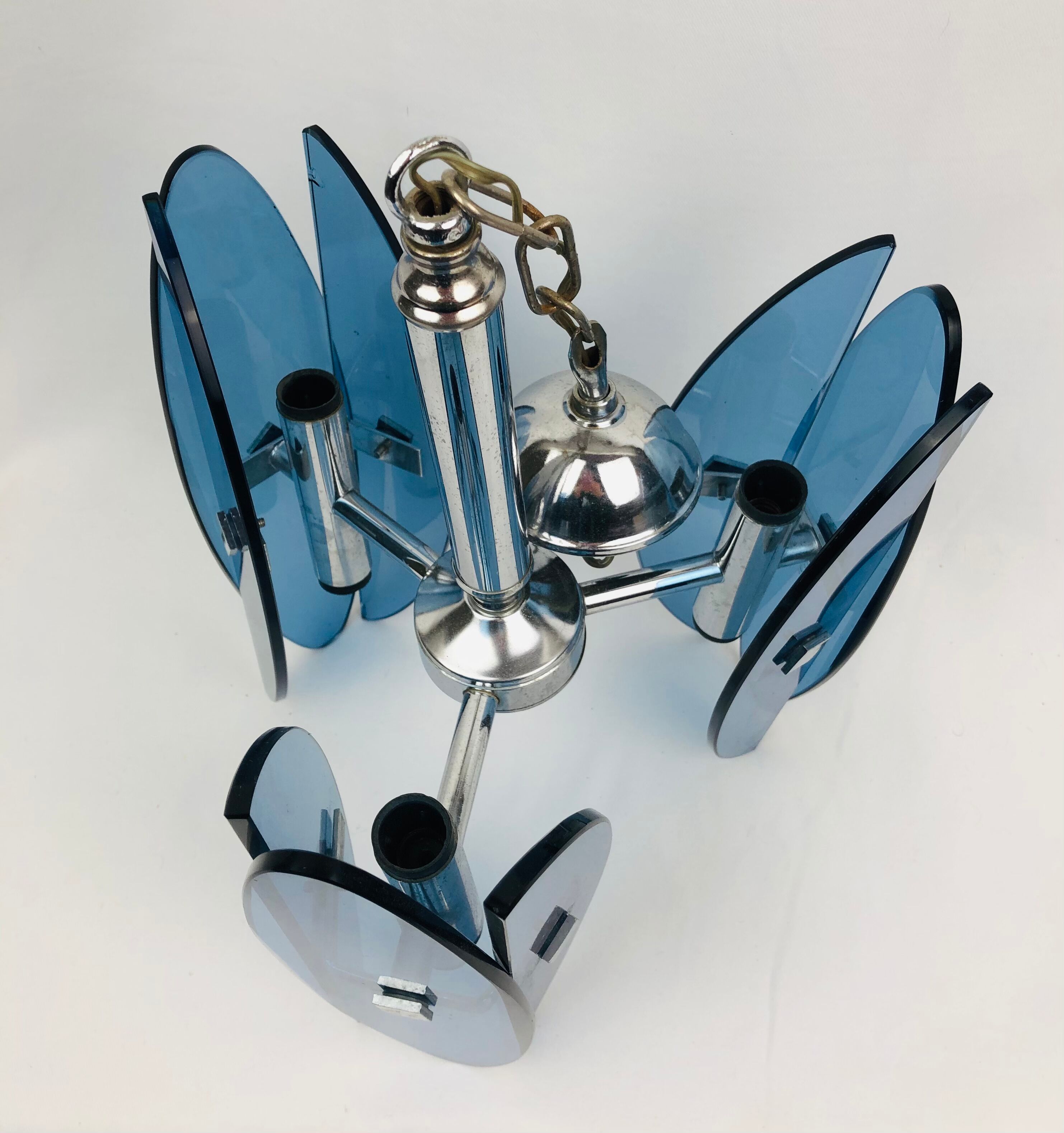 Vintage Veca Fontana Arte chandelier, blue glass and chrome