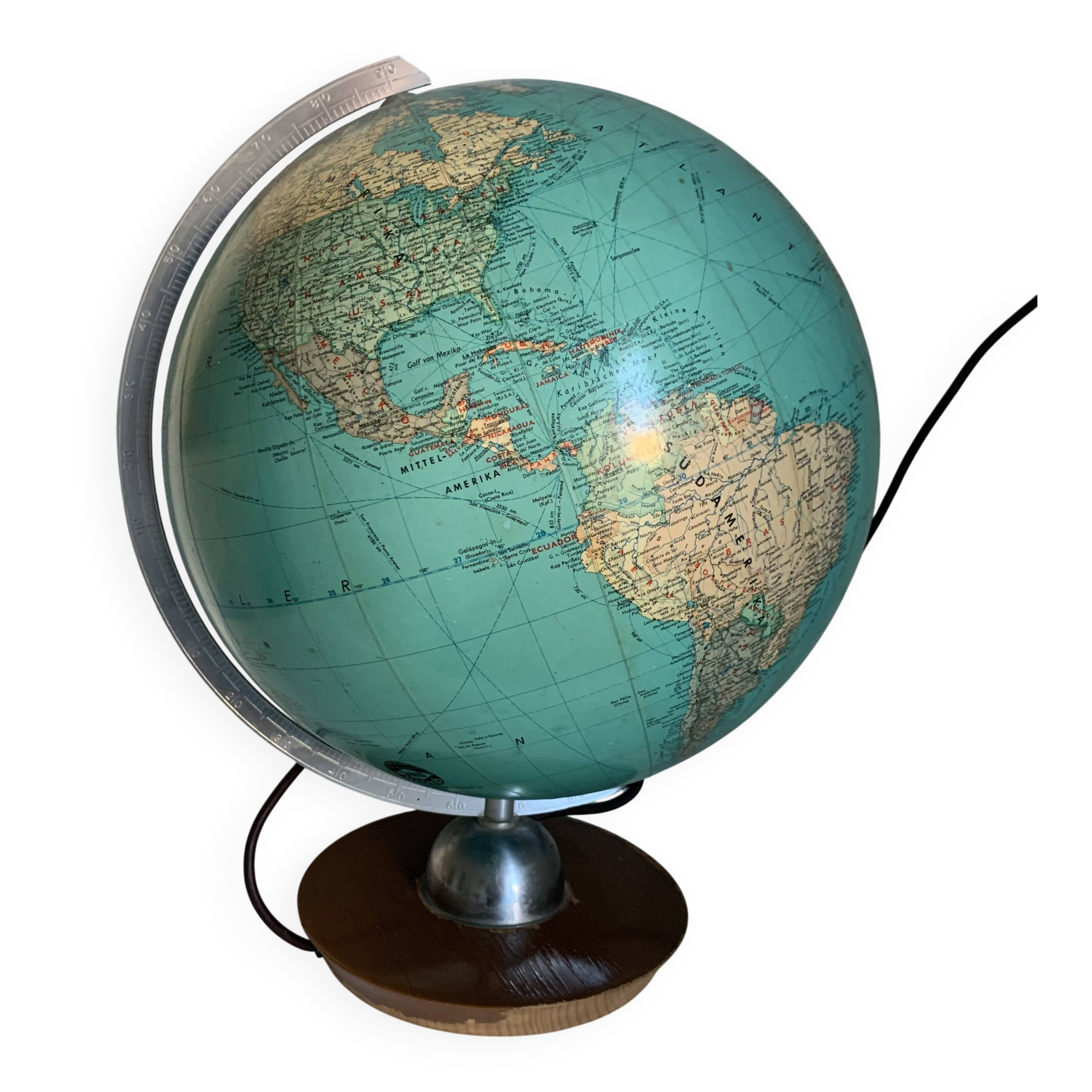 Vintage 1960s JRO Verlag globe, wood and PVC world map - 43 cm