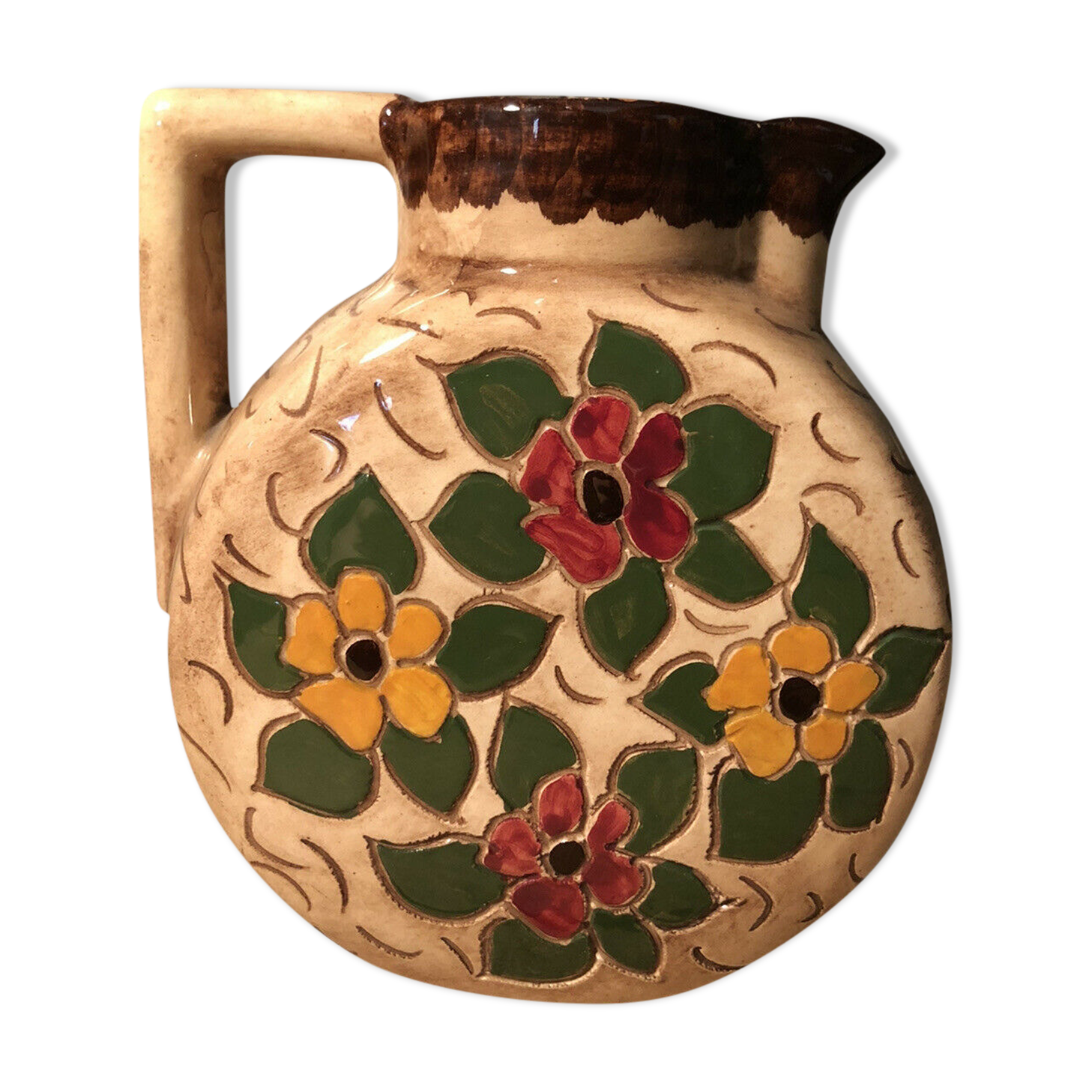 Ceramic pitcher with floral decoration signed Lucq