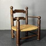 Brutalist French low rush oak side armchair by Charles Dudouyt ca 1940s