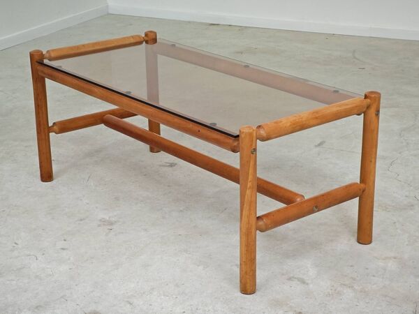 Table basse style chalet bois massif et verre  République Tchèque 1970