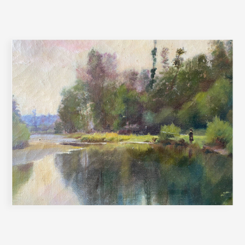 Tableau HST Paysage "La rivière au pêcheur" HST XIX° siècle à restaurer