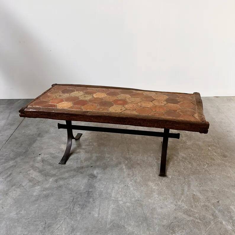 Vintage French Coffee Table in Terracotta with Oak and Iron Legs, Mid-20th Century