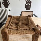 Stool in carved wood and rope from the 70s
