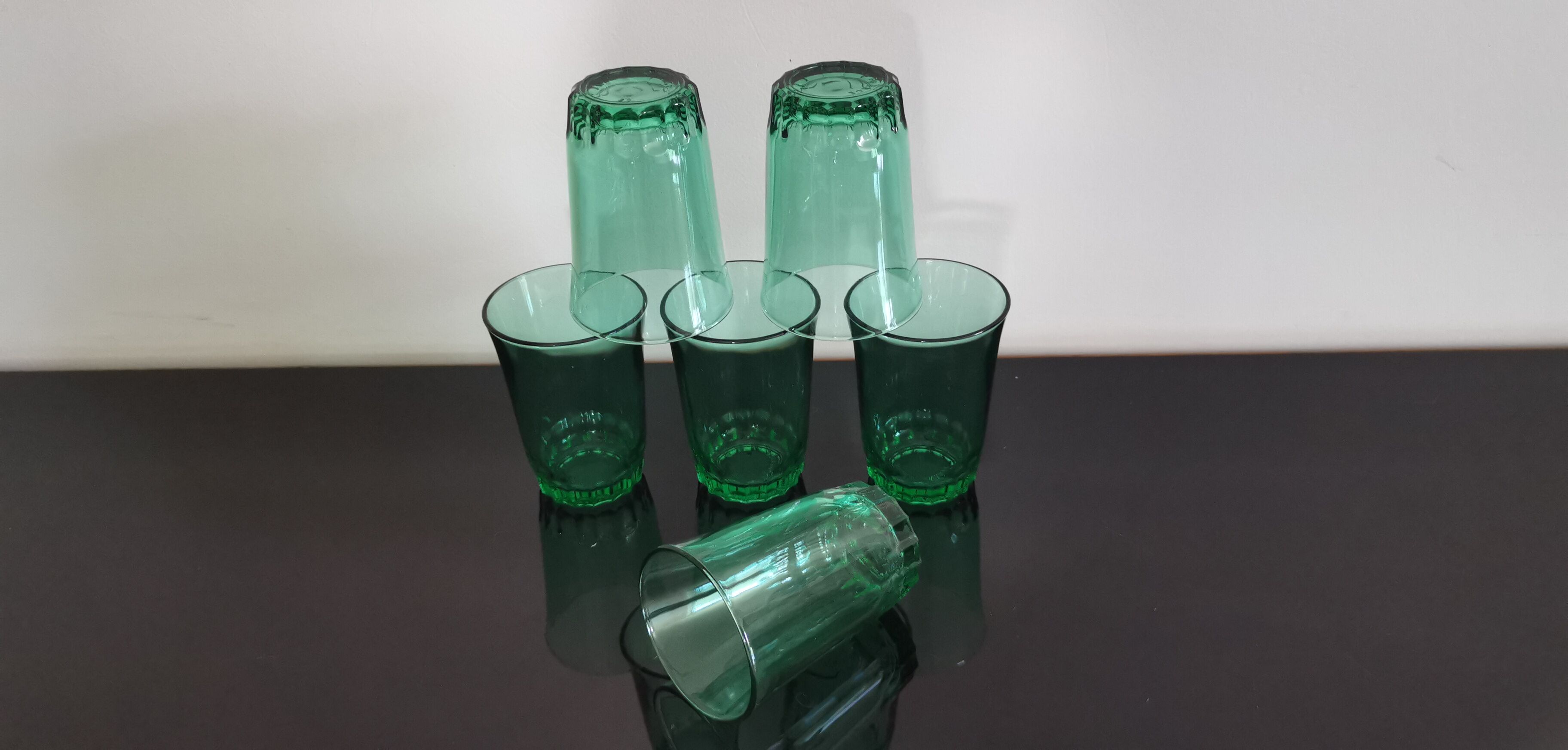 6 old emerald green water glasses