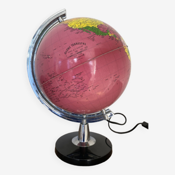 World map, luminous terrestrial globe Tecnodidattica vintage fuchsia pink background 70s