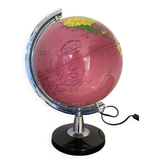 Mappemonde, Globe terrestre lumineux Tecnodidattica fond rose fushia vintage années 70
