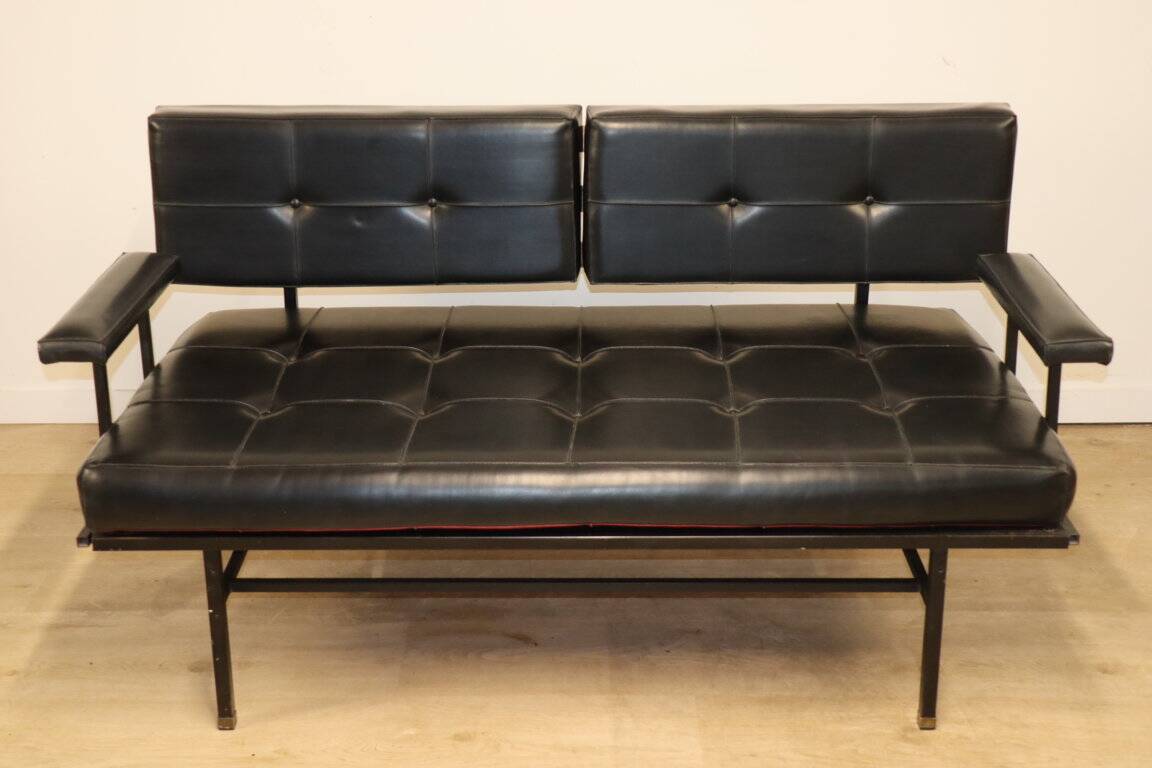 Vintage "Daybed" sofa bench in metal and imitation leather, 1950