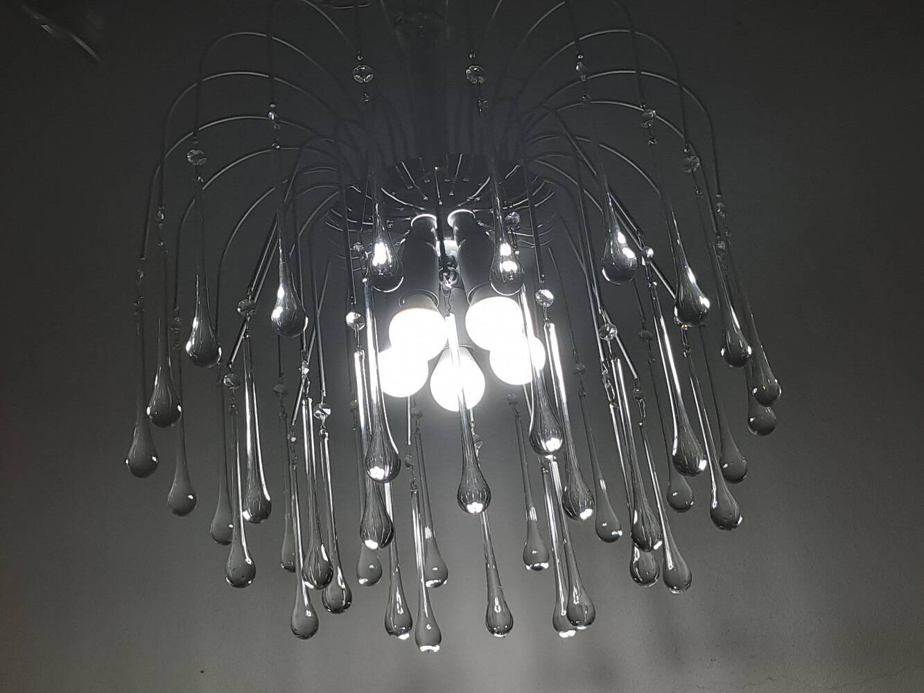 Italian waterfall chandelier with murano drops c1970