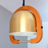 Lustre à hauteur réglable en laiton et en chêne du milieu du siècle dernier 70s