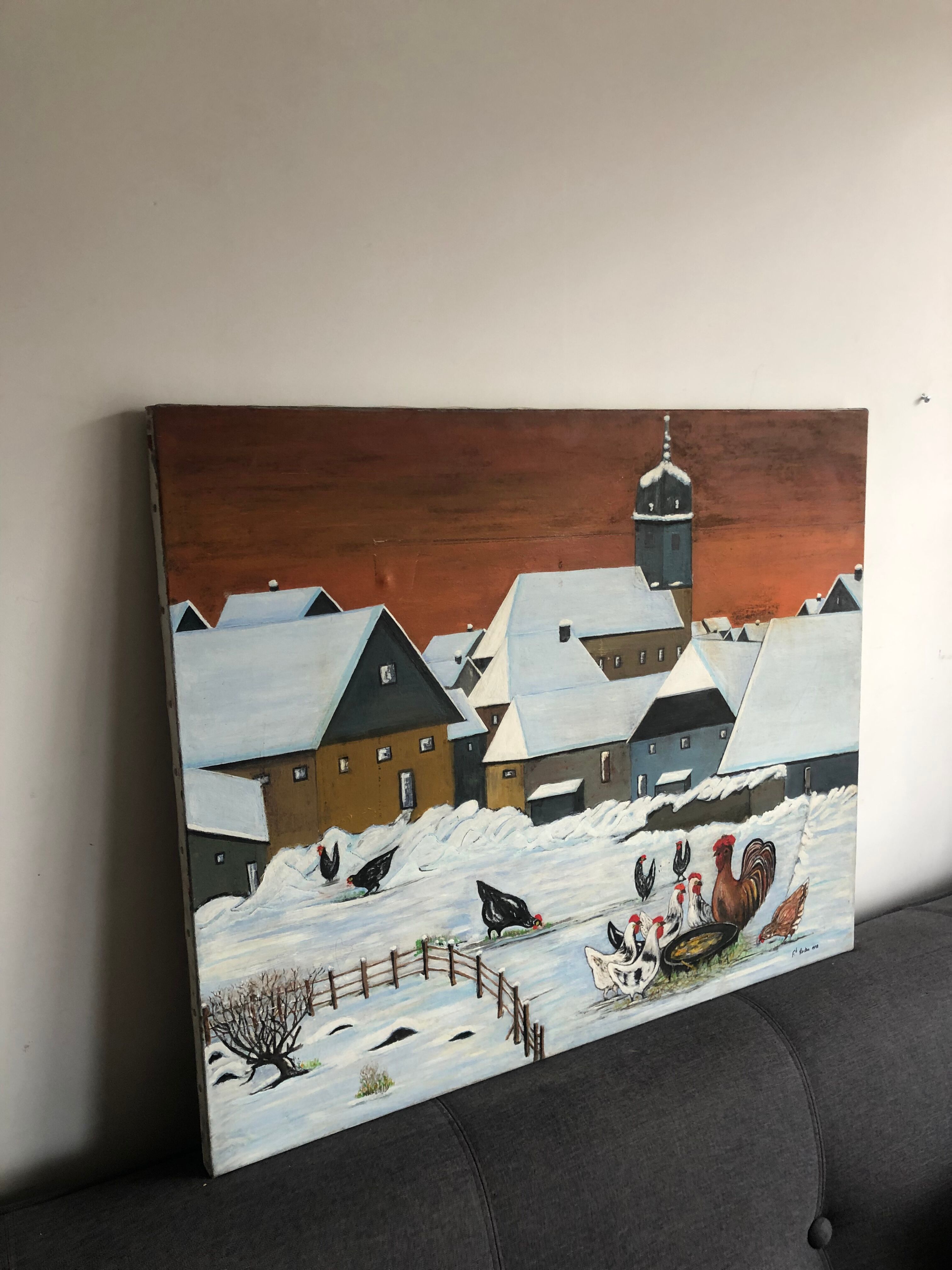 Oil on canvas mountain landscape and snow