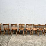 Set of 8 vintage bistro chairs – Warm stained wood – Compass legs
