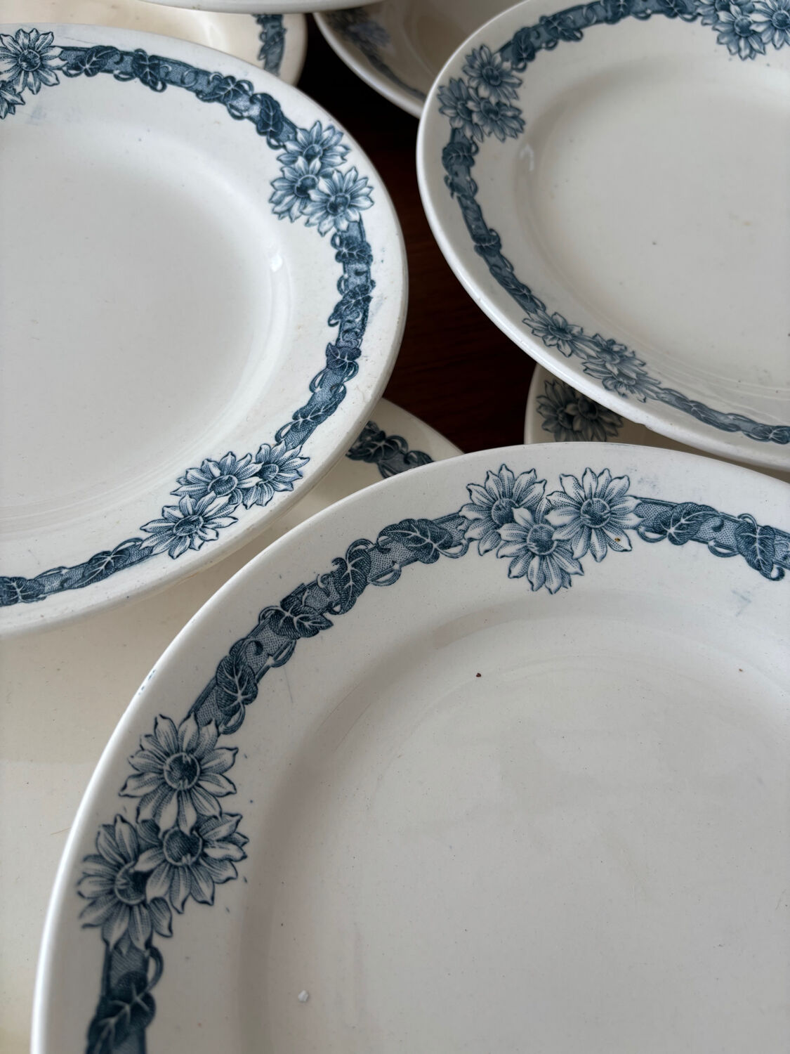 Set of 8 blue ironstone dinner plates Longchamp model Denise.