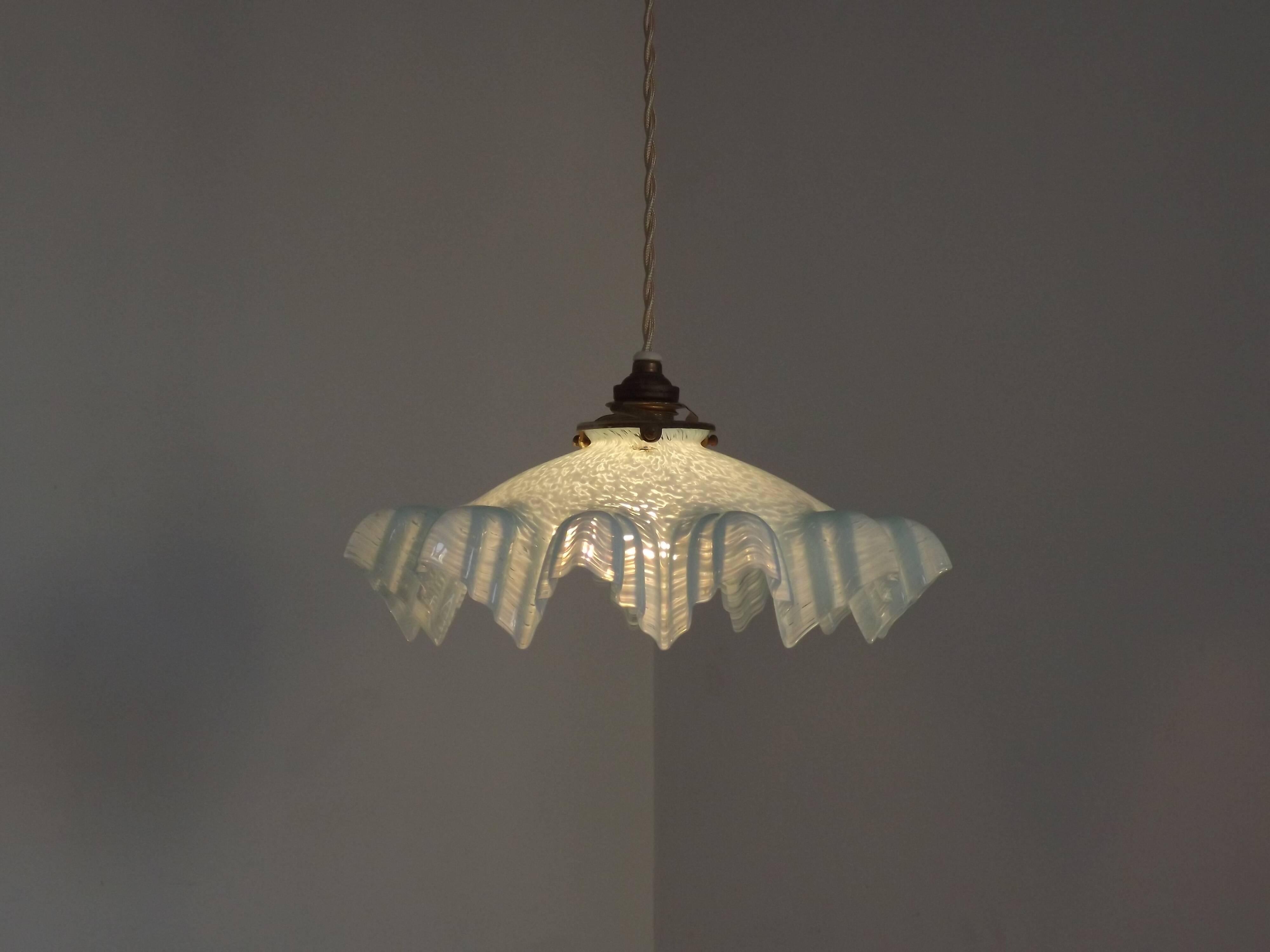 French Vintage 1930s Pale Blue Frilled Clichy Glass Lampshade Ceiling Light