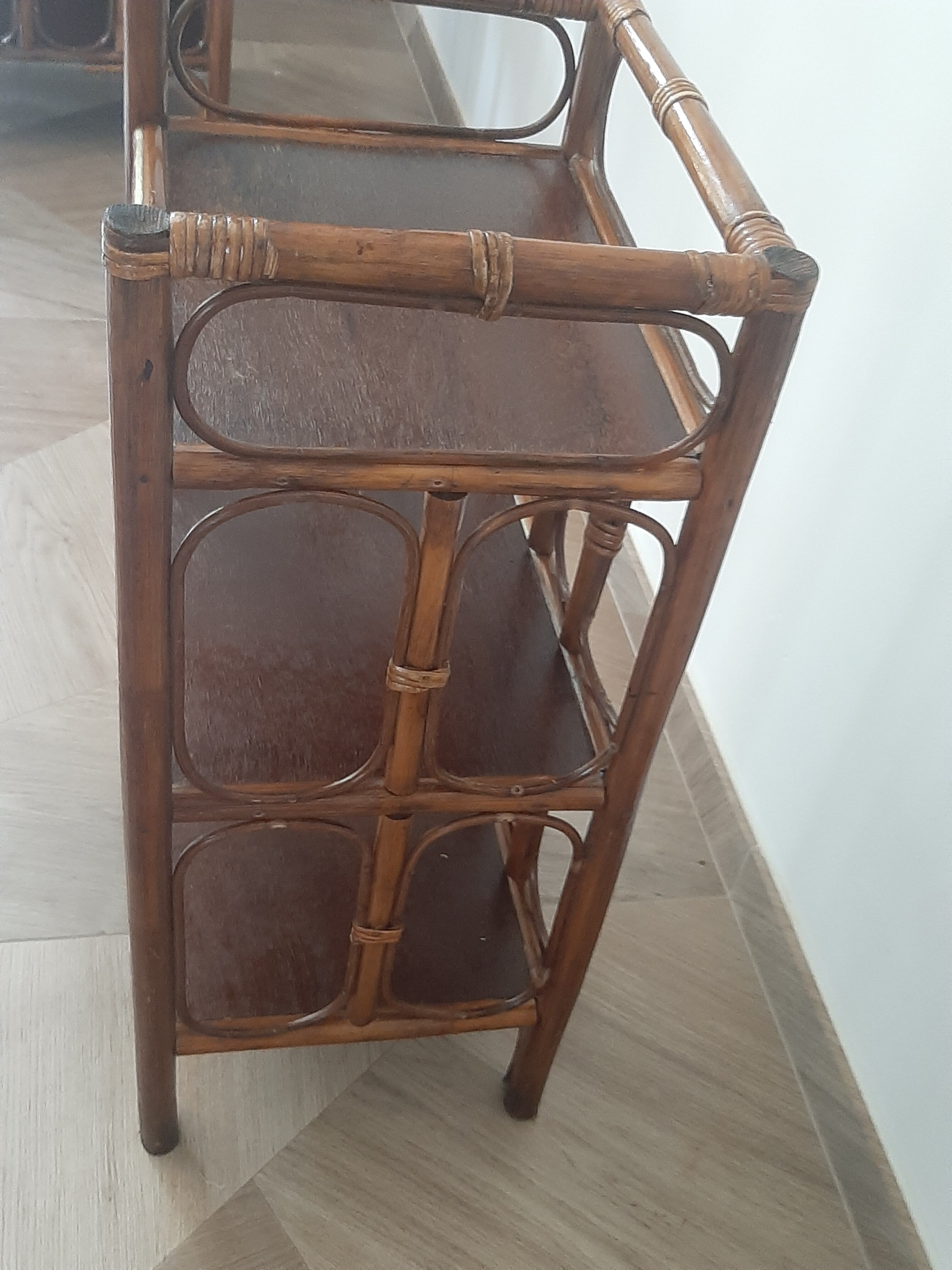 Vintage - set of 2 shelves of wooden floor, bamboo and rattan - 3 levels- retro 80s