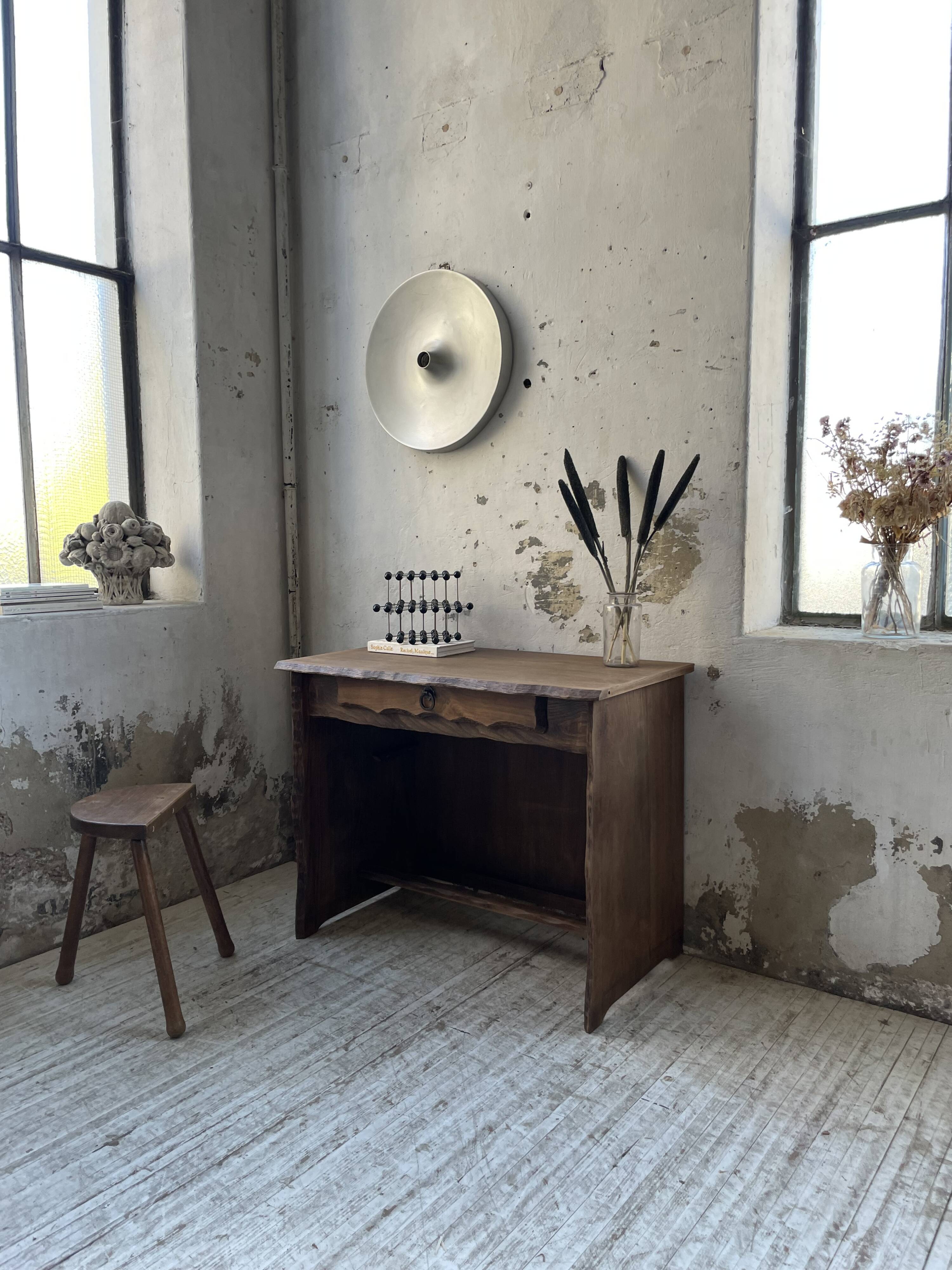 Brutalist desk in elm, signed Aranjou.