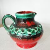 Fat Lava Pitcher Vase: Red Black Green Glaze, West German Pottery