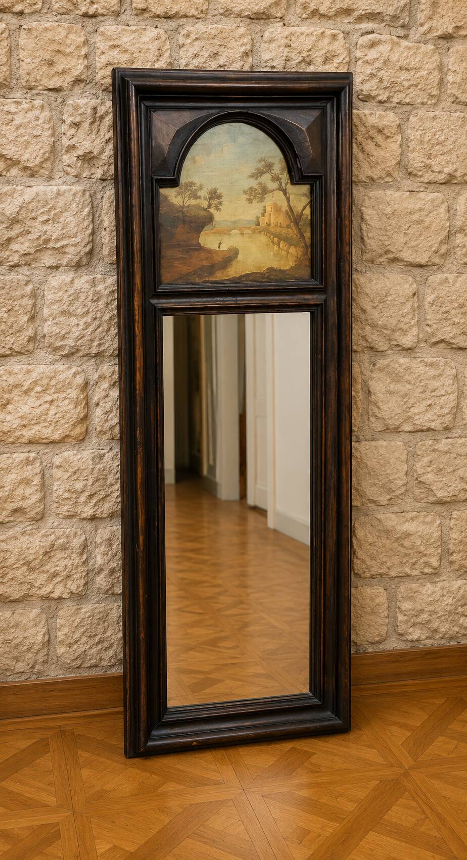 Dark wood trumeau with a mirror and landscape painting.