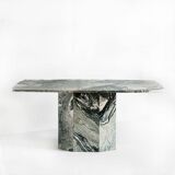 Vintage dining table in green and white veined marble. Completely restored. Italy, 90's