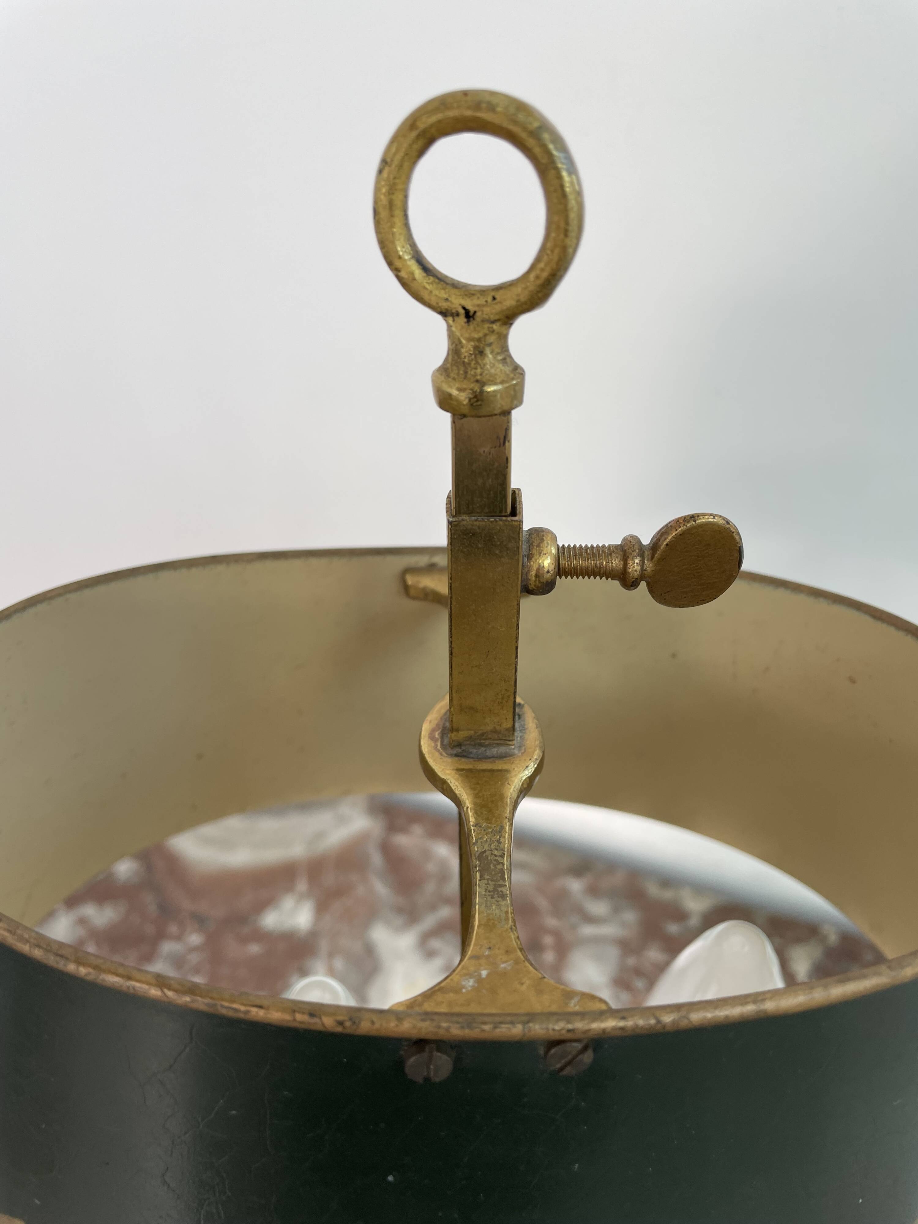 Louis XVI style two-light bouillotte lamp, green lampshade, hand-painted