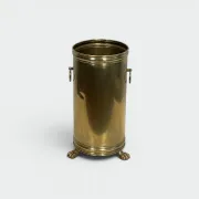 Cylindrical Brass Umbrella Stand with Ring Handles and Claw Feet.
