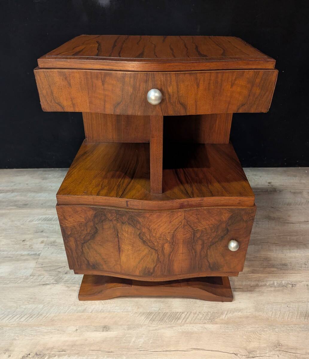 Pair of Art Deco bedside tables in walnut, left and right.