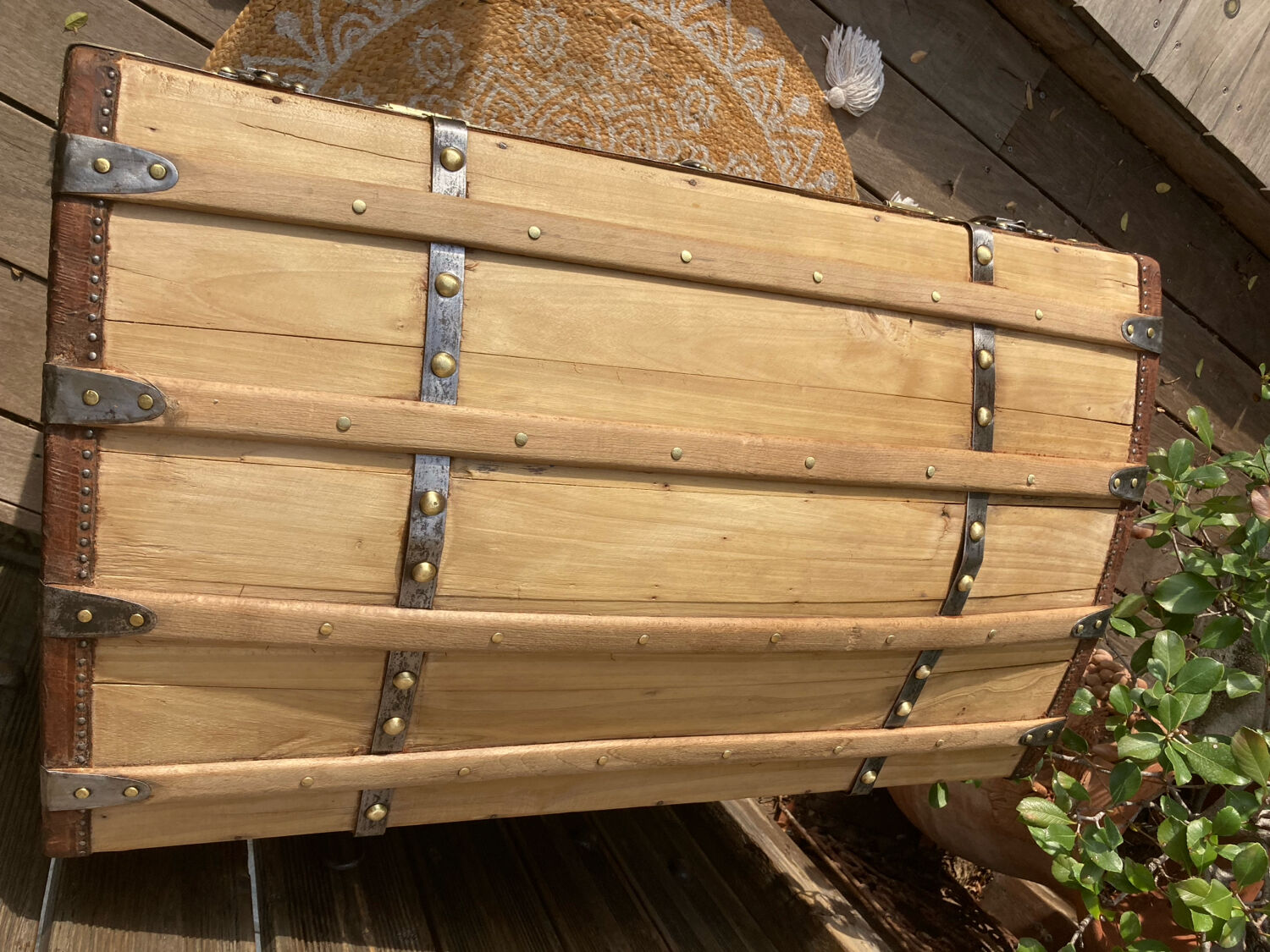 Exceptional curved leather/brass box with beautiful restored clasps.