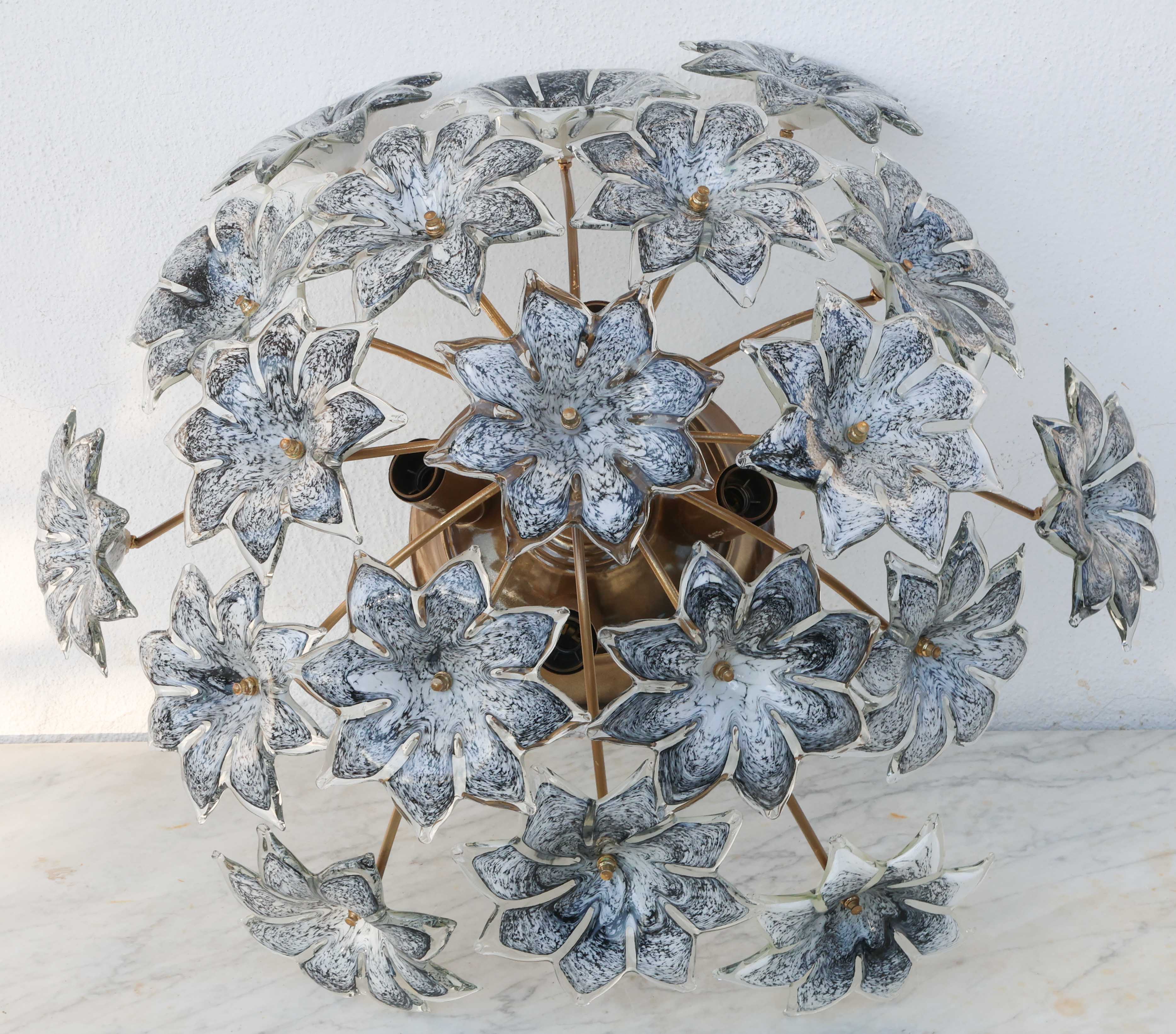 Large Murano Vintage Ceiling Light Black Flowers, 1970s
