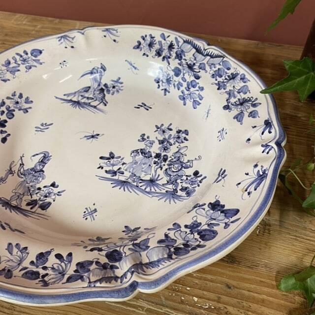 Large round hollow serving dish with blue Moustiers decor