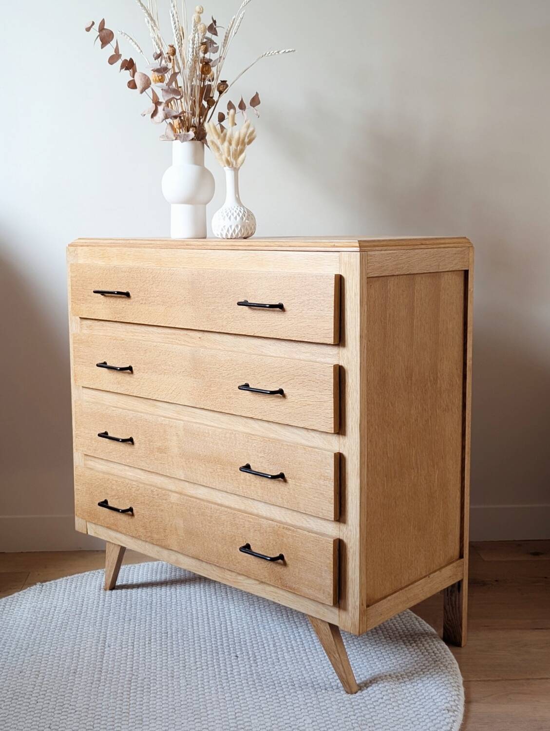 Vintage oak chest of drawers with splayed legs, restored