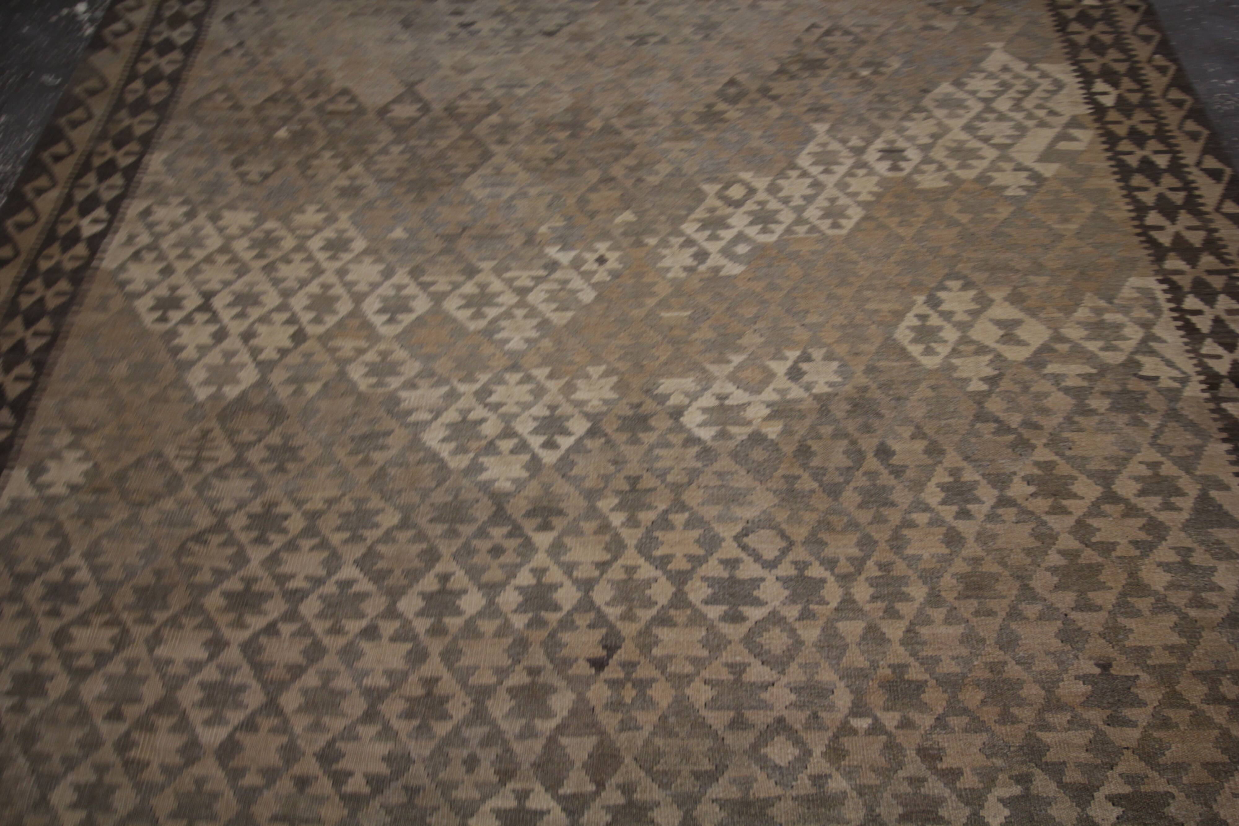 Brown & Khaki Geometric Kilim Rug, Handwoven Wool Carpet 302 x 239 cm