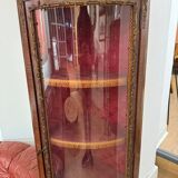 Corner display case in wood veneer with musical instrument marquetry