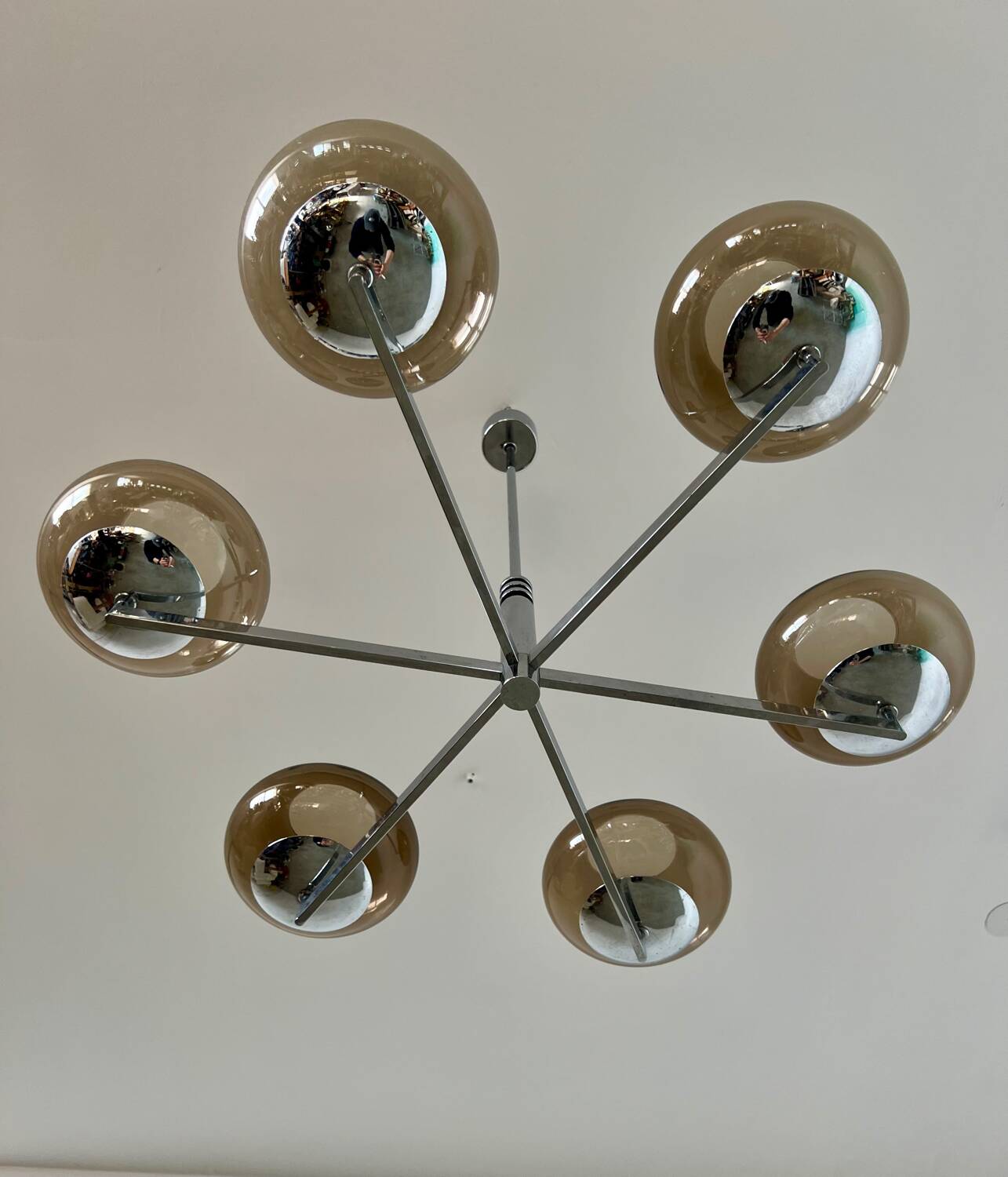 Old 6-light chandelier designed by Sciolari in chrome metal and smoked glass, 70s vintage