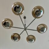 Old 6-light chandelier designed by Sciolari in chrome metal and smoked glass, 70s vintage