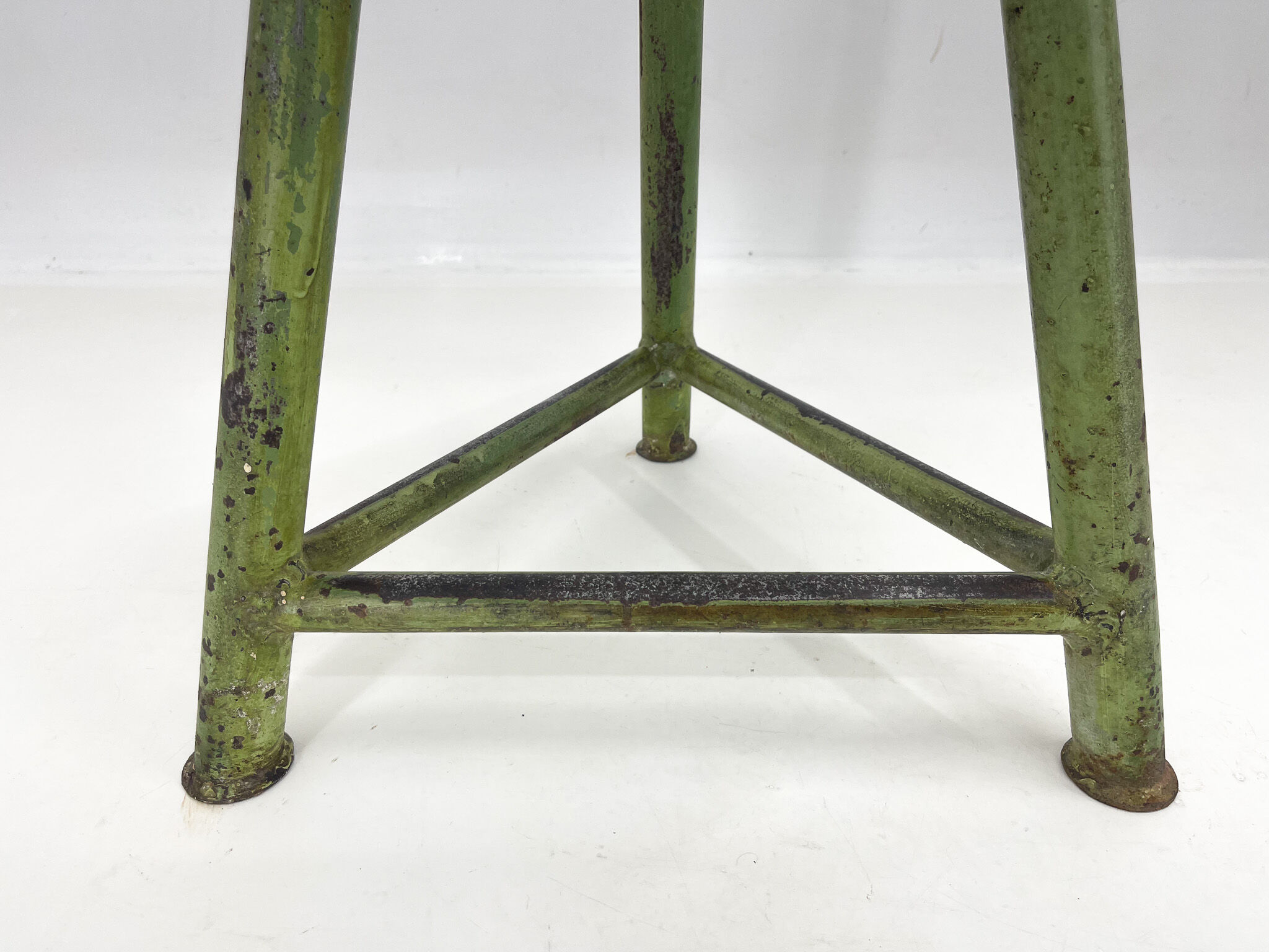 Vintage industrial steel & wood tripod stool, 1950's