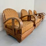 Set of 4 woven rattan armchairs, colonial style, 1950s