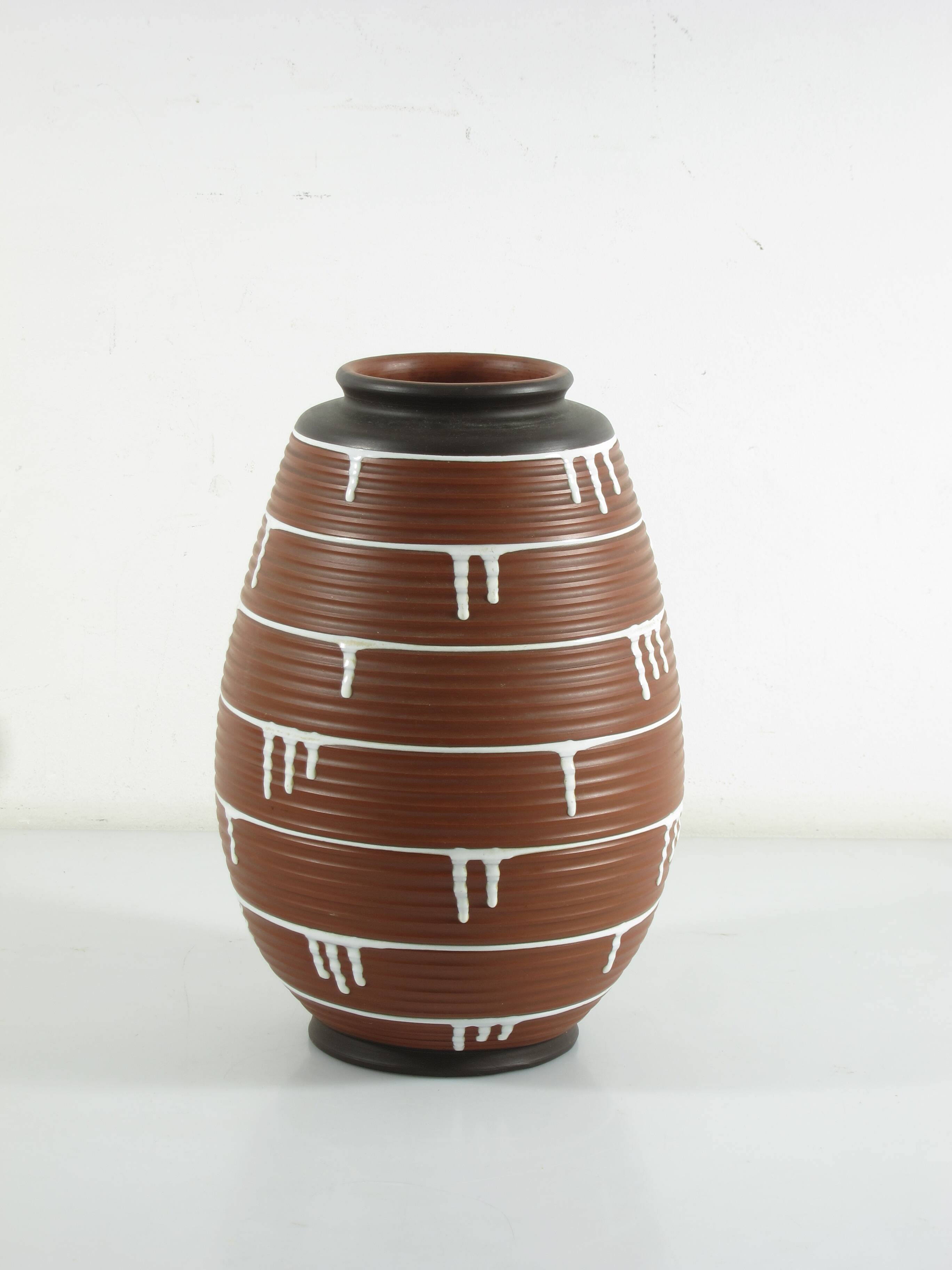 1950s Ceramic Vase with Brown & Black Drip Glaze