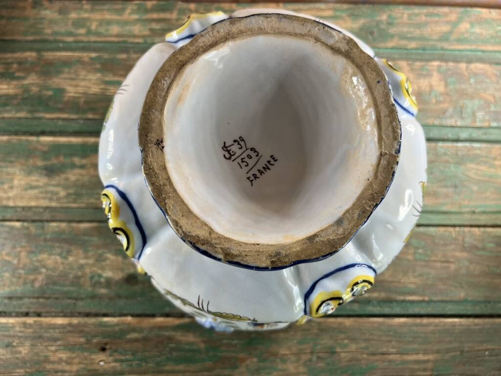 Polychrome French earthenware planter – Floral and butterfly decoration