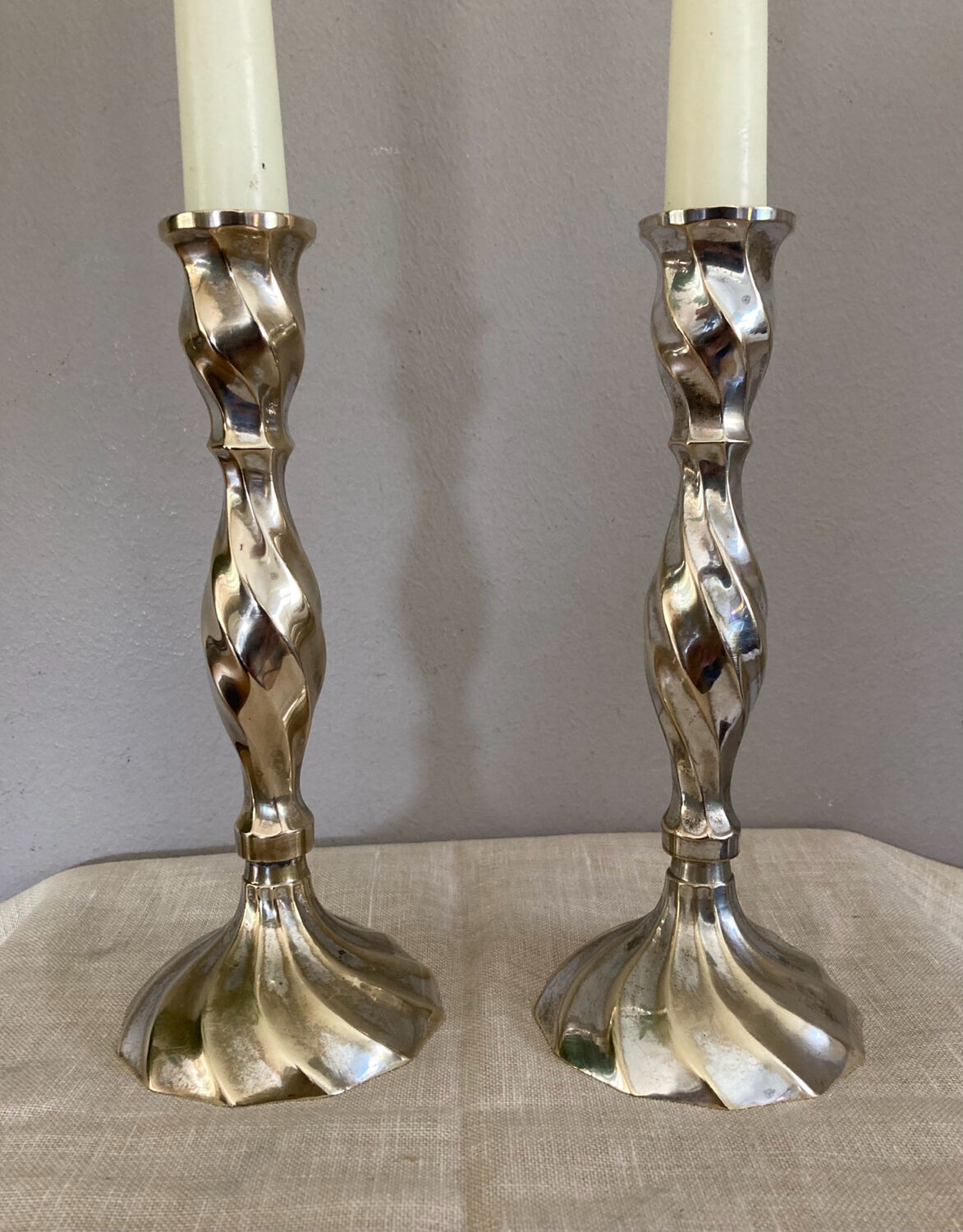 Twisted candlesticks in silver brass early twentieth century