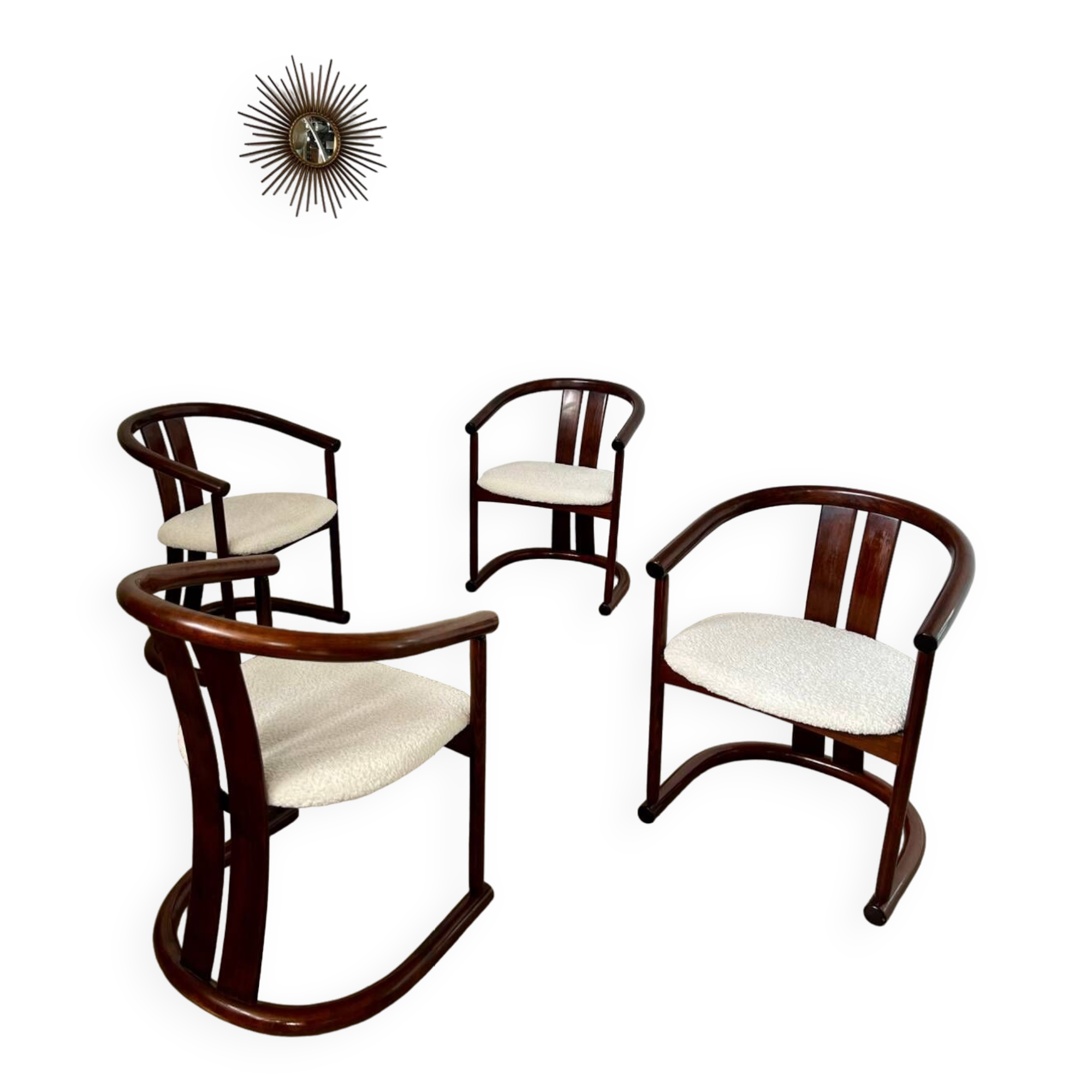Lot 4 chaises / fauteuils design annees 60 Casala italy bois courbé et tissu bouclette vintage