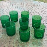 8 glasses of water or wine, straight, in green glass, cups, stamps chantovent vin de pays france