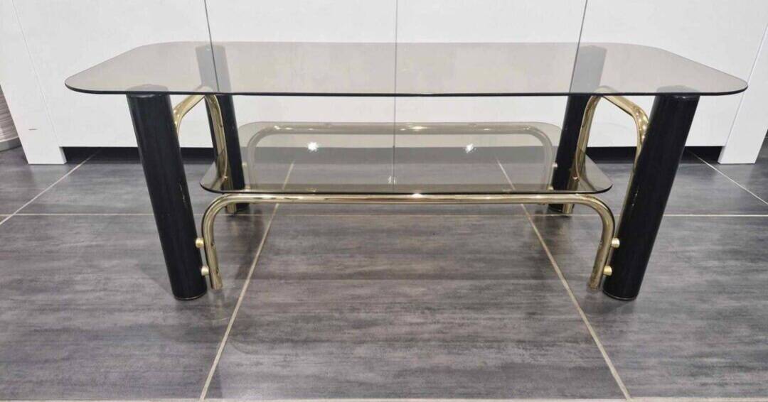Vintage coffee table in gold metal and smoked glass, 1970s