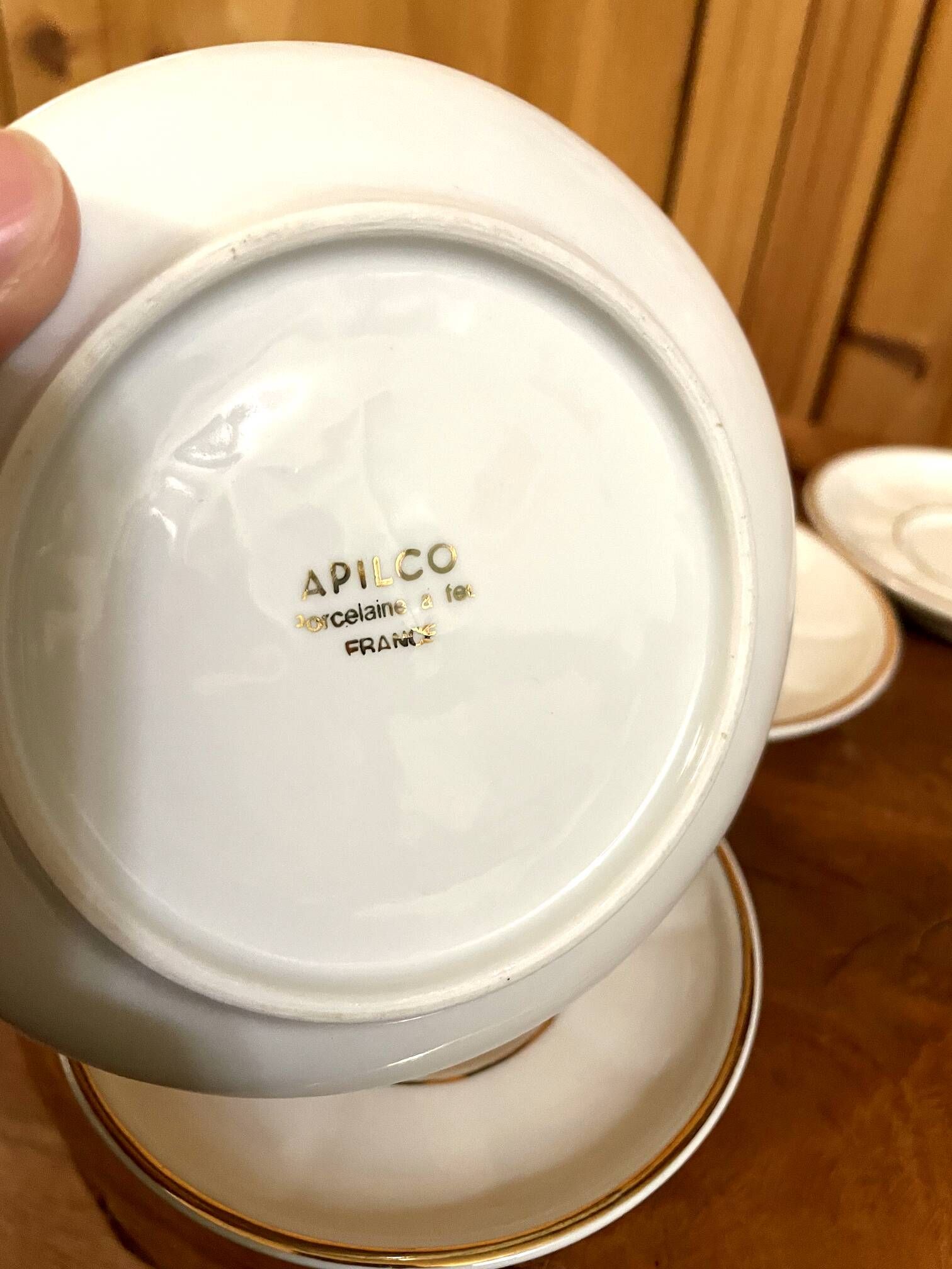 Set of 2 Apilco Flat French Porcelain Coffee Cups with Saucers, Model Flora