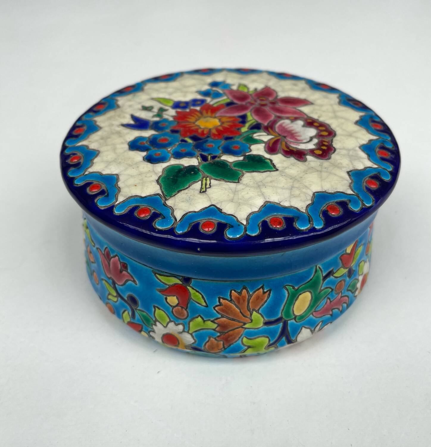 Enamelled faience jewellery box Longwy floral decoration