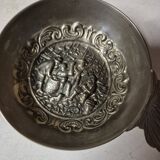 Antique silver-plated metal tastevin with tavern scene decor and shell handle